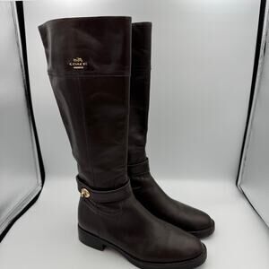 Coach Brown Leather Riding Boots Size 7B Gold Logo Tall Zip Equestrian Style